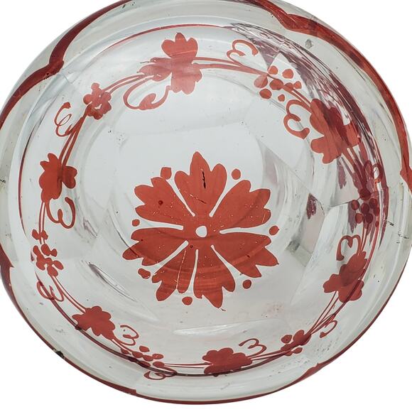 Antique Glass Panel Apothecary Jar Ruby Red Flash Grape Vine Leaf Clear Dome Lid - Picture 9 of 14